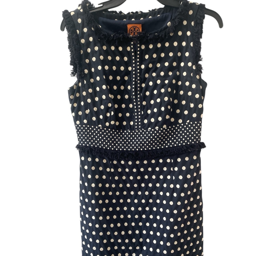 Tory Burch Evelyn Navy Blue White Polka Dot Jacquard Fringe Sheath Dress Size 6